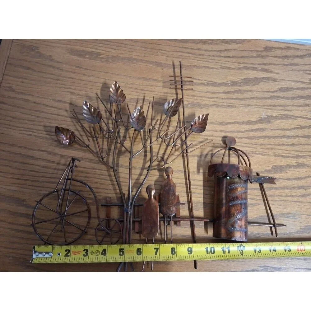 Vintage Emesco 1974 Copper Wall Art With Bicycle Tree & People Scene Made In Hon